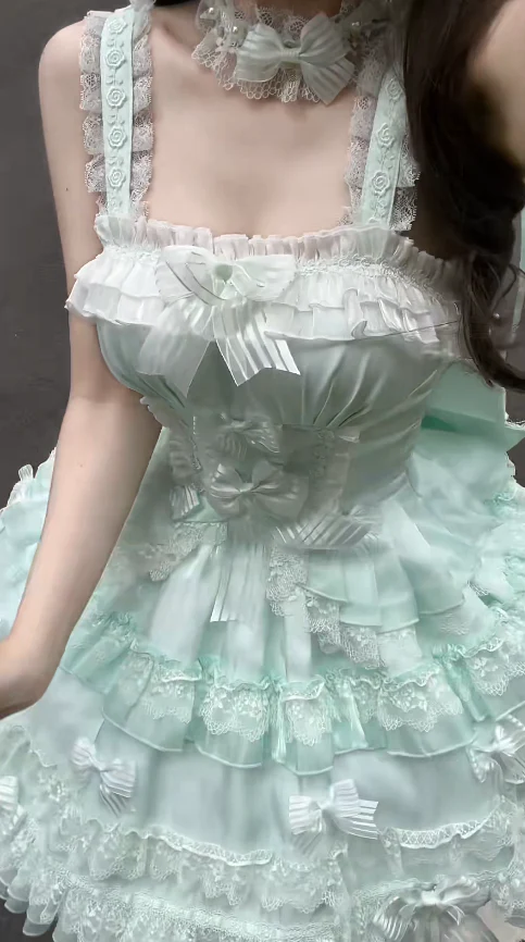 Cute Square Neck Ball Gown Chiffon Lace Short Prom Dresses Mint Green Birthday Outfit Sleeveless Lolita Dresses DP3270 - Deanwangkt