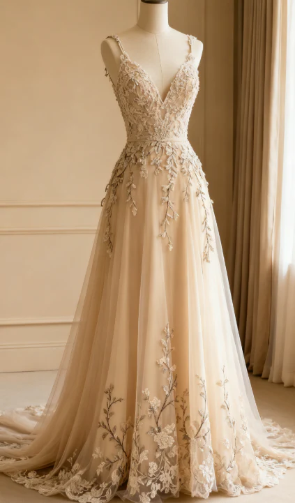 Fairy Ball Gown Tulle Long Prom Dresses, Appliqué Spaghetti Straps Light Champagne Quinceanera Dresses, Sweet 16 Dresses DP04033 - Deanwangkt