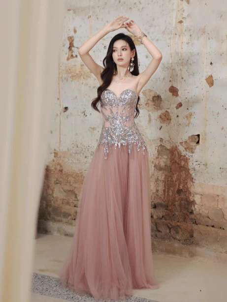 Modest Sweetheart Neck Formal Dress Pink Tulle Sequins Evening Gown Sparkly 16th Birthday Dress DH2704 - Deanwangkt