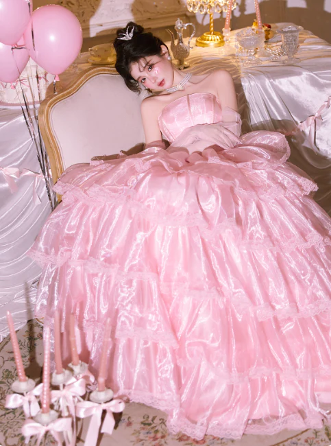 Cute Strapless Ball Gown Tiered Tull Long Prom Dress, Pink Sweet 16 Dress DP3023 - Deanwangkt