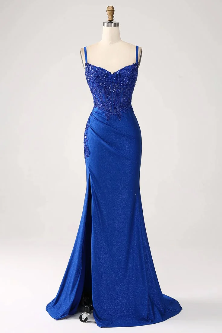 Luxury Sequin Royal Blue Mermaid Thin Shoulder Strap Sticker Long Prom Dress Evening Dresses DP296 - Deanwangkt