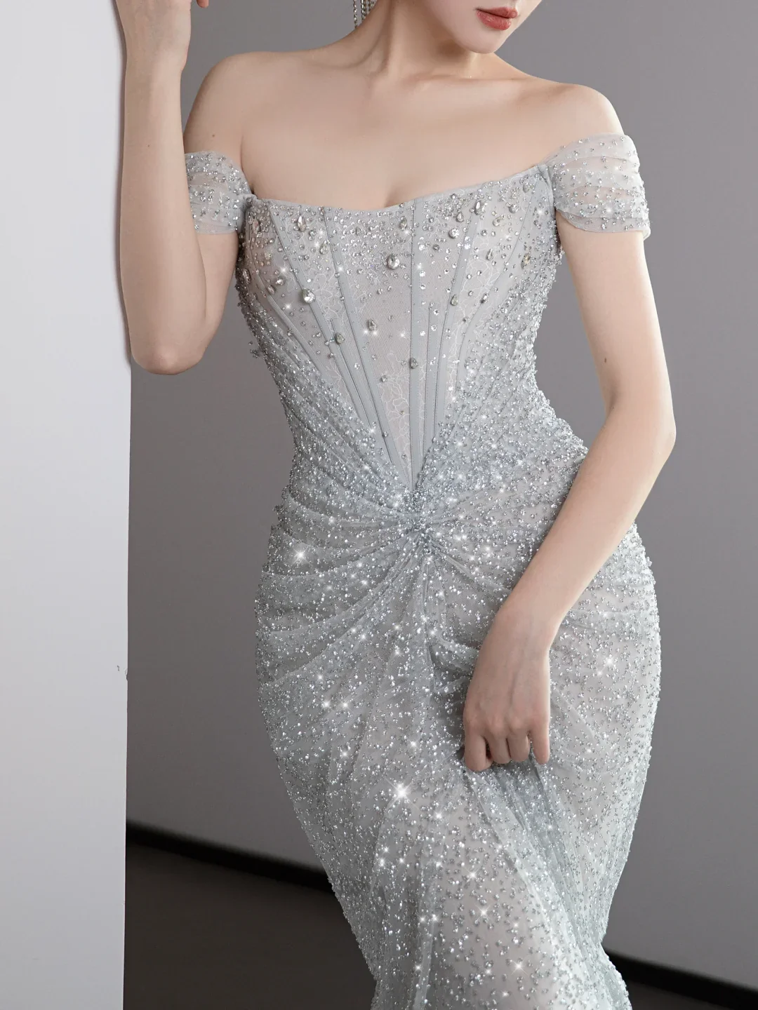 Gorgeous Mermaid Off The Shoulder Silver Gray Sequin Long Prom Dresses Graduation Dresses DP671 - Deanwangkt
