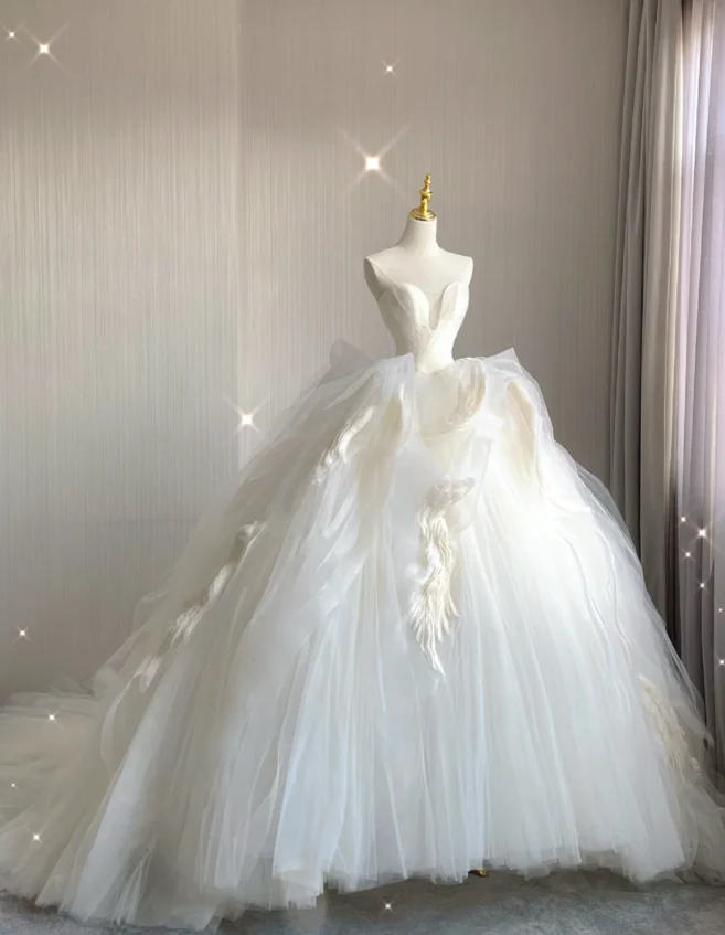 Timeless Ball Gown Strapless Long Satin White Sweep Train Wedding Dresses Brides Dress DP410 - Deanwangkt