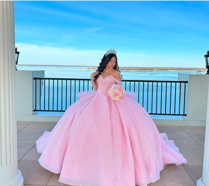 Pretty Ball Gown Off The Shoulder Pink Tulle Long Quinceanera Dress Formal Gowns Vestido De 15 Anos Sweet 16 Dress DH1841 - Deanwangkt