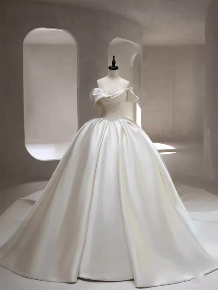 Timeless Bridal Gown Ball Gown Off The Shoulder White Satin Long Pleated Wedding Dresses Elegant Bridal Gowns DH956 - Deanwangkt
