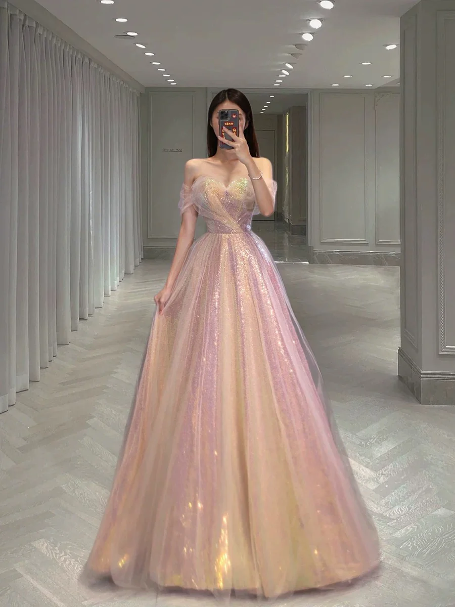 Classy Elegant Ball Gown Off The Shoulder Pink Short Sleeves Tulle Long Prom Dresses H2894 - Deanwangkt