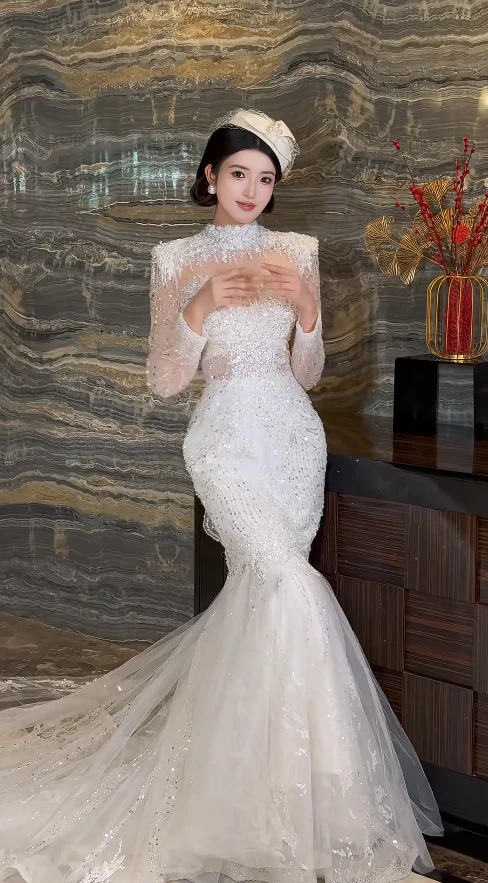 Timeless Mermaid Long Wedding Dressses Long Sleeve White Bridal Dresses Tulle Applique Bridal Gowns DP3937 - Deanwangkt