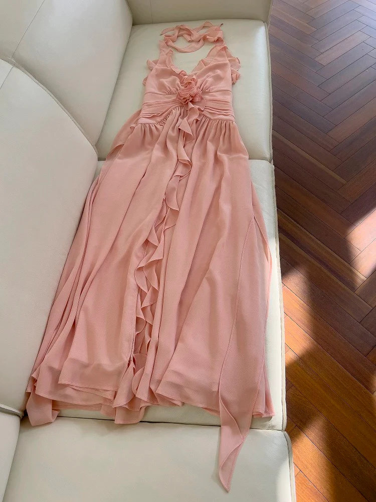 Elegant A line Blush Pink Sleeveless Chiffon Long Evening Party Gowns Evening Formal Dresses Prom Dress W890 - Deanwangkt