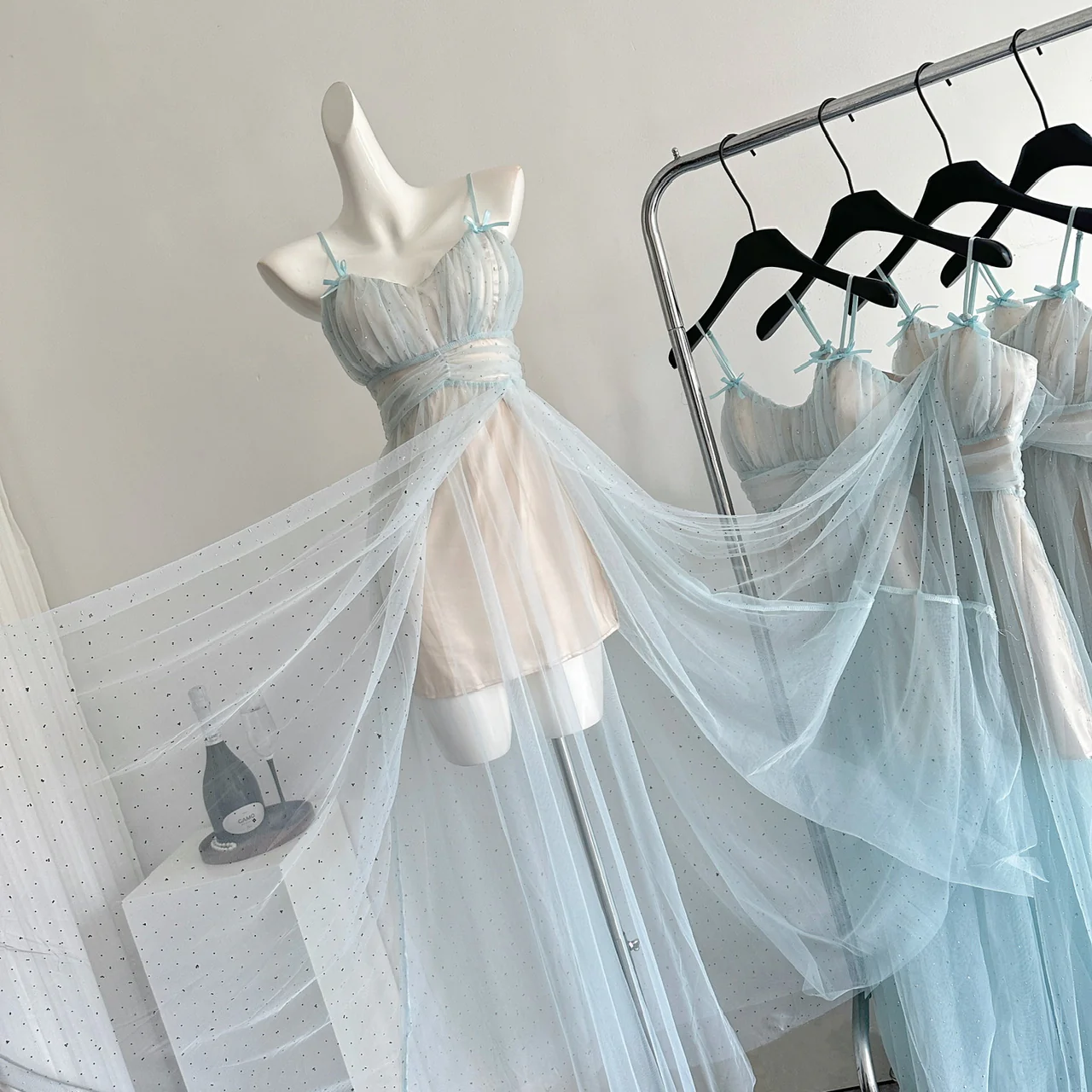 Sexy A Line Spaghetti Straps Blue Tulle Summer Dress Holiday Party Birthday Outfits For Teens DP0142 - Deanwangkt