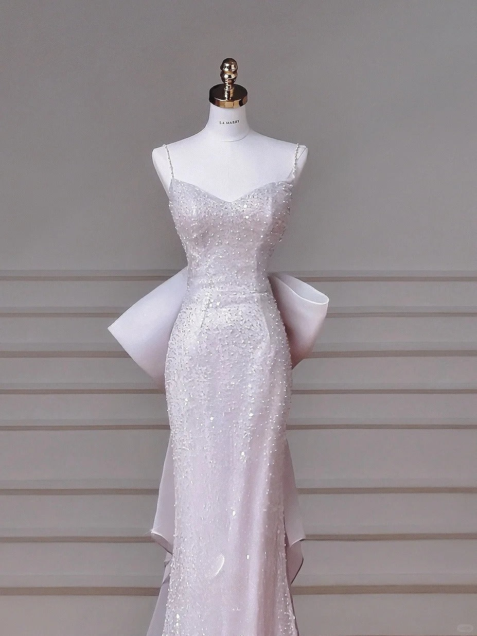 Modest Pink Spaghetti Strap Evening Dresses Mermaid Tulle with Bow Beading Long Prom Dresses Graduation Dresses DH02719 - Deanwangkt