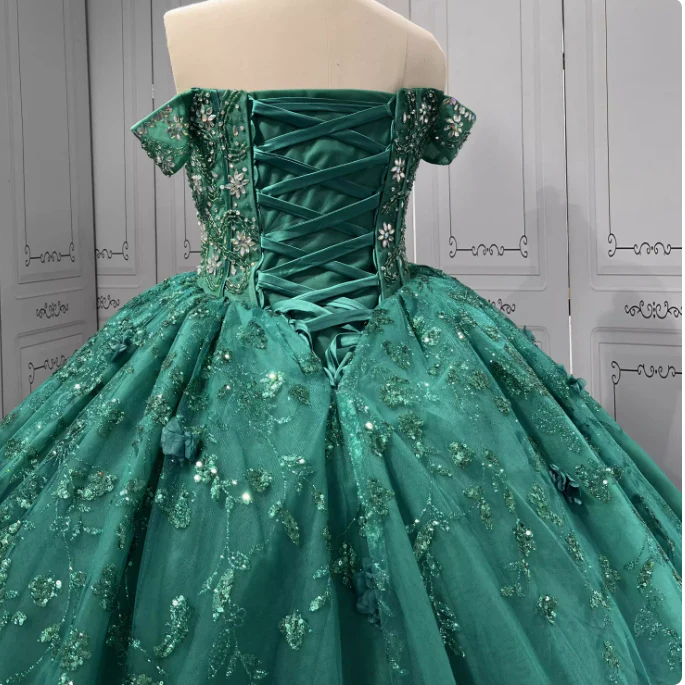 Gorgeous Dark Green Off-the-Shoulder Tulle Long Ball Gown Appliques Sweet 16th Birthday Dress Cute Beaded Sequin Quinceanera Dress DH2733 - Deanwangkt