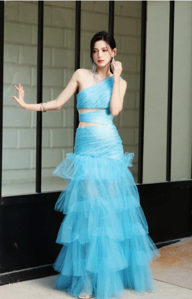 Modest Blue One Shoulder Formal Dress Tulle Mermaid Long Evening Gowns Prom Dresses DH2696 - Deanwangkt