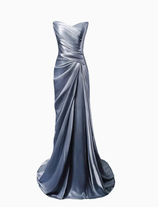 Elegant Light Gray Blue Mermaid Evening Gowns Strapless Satin Long Prom Dress Modest Sleeveless Formal Dress with Scarf DH2746 - Deanwangkt