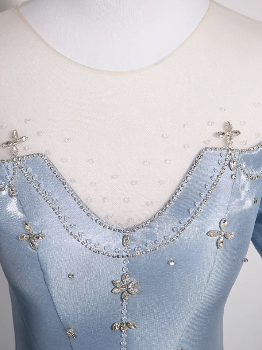 Cute Jewel A-Line Puff Sleeves Satin Blue Long Prom Dress, Blue Formal Dress DP3159 - Deanwangkt