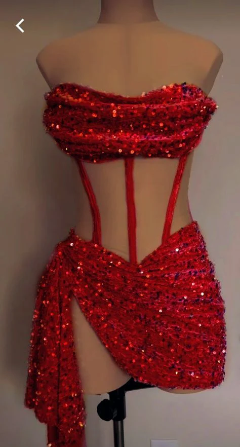 Trendy Sheath Strapless Red Sequin Formal Short 8th Grade Homecoming Dress Summer Middle School Hoco Dresses Cocktail Dress Birthday Outfits W0593 - Deanwangkt