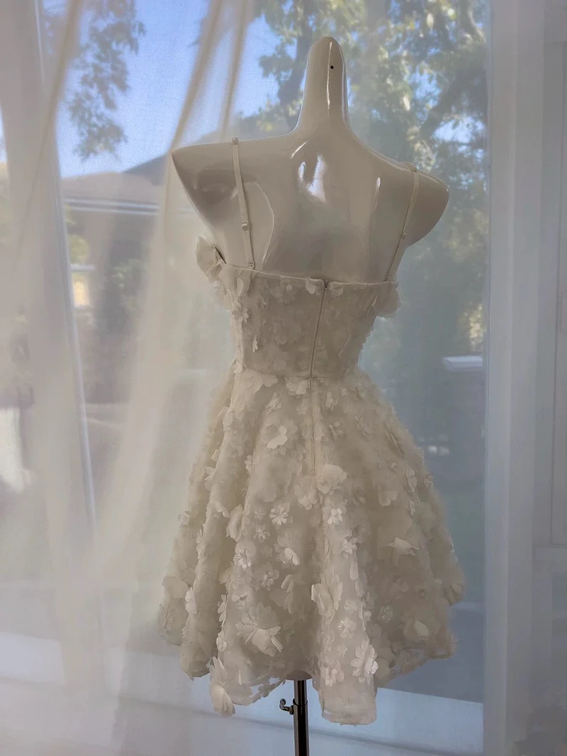 Cute A line Spaghetti Straps White Flowers Formal Short 8th Grade Homecoming Dress Summer Middle School Hoco Dresses Birthday Outfits W983 - Deanwangkt