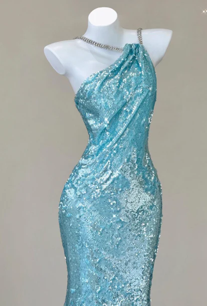 Sparkly Sequin Halter Blue Mermaid Evening Gowns Elegant Open Back Prom Dresses DH2710 - Deanwangkt