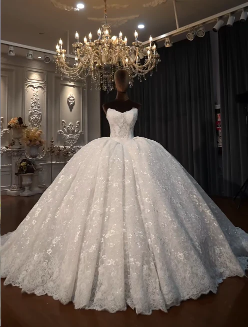 Luxury Strapless Ball Gown Applique Long Wedding Dresses Lace Ivory Bridal Dresses Sleeveless Bridal Gowns DP3699 - Deanwangkt