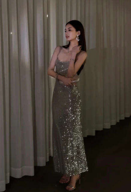 Modest Silver Spaghetti Strap Long Evening Gown Sheath Elegant Beaded Formal Dress Open Back Party Dress  DH2755 - Deanwangkt