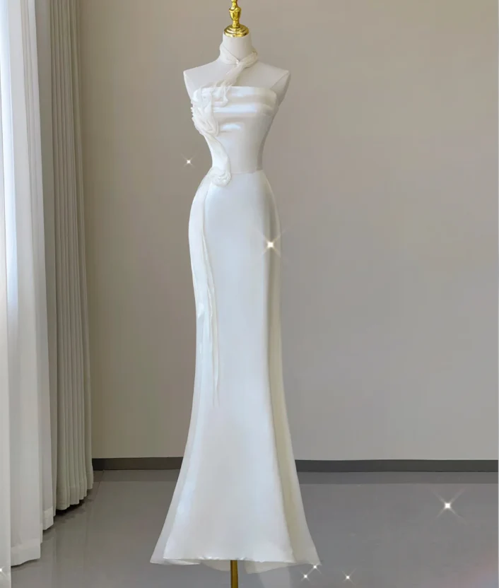 Classy Elegant Mermaid One Shoulder White Long Satin Wedding Dresses Brides Dress DP462 - Deanwangkt