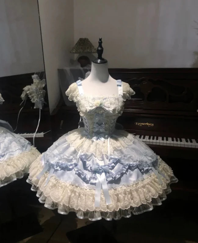 Cute Strap Ball Gown Lace Short Birthday Dresses Blue Lolita Dresses DP3124 - Deanwangkt