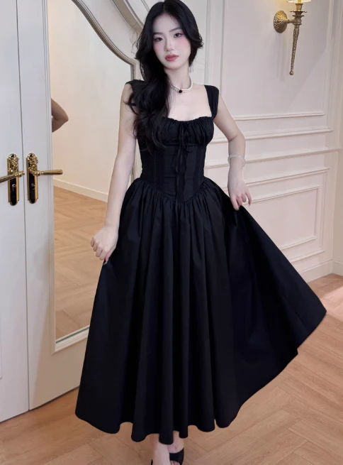 Elegant Strap A-Line Black Long Prom Dresses Satin Black Long Birthday Dresses DP3879 - Deanwangkt