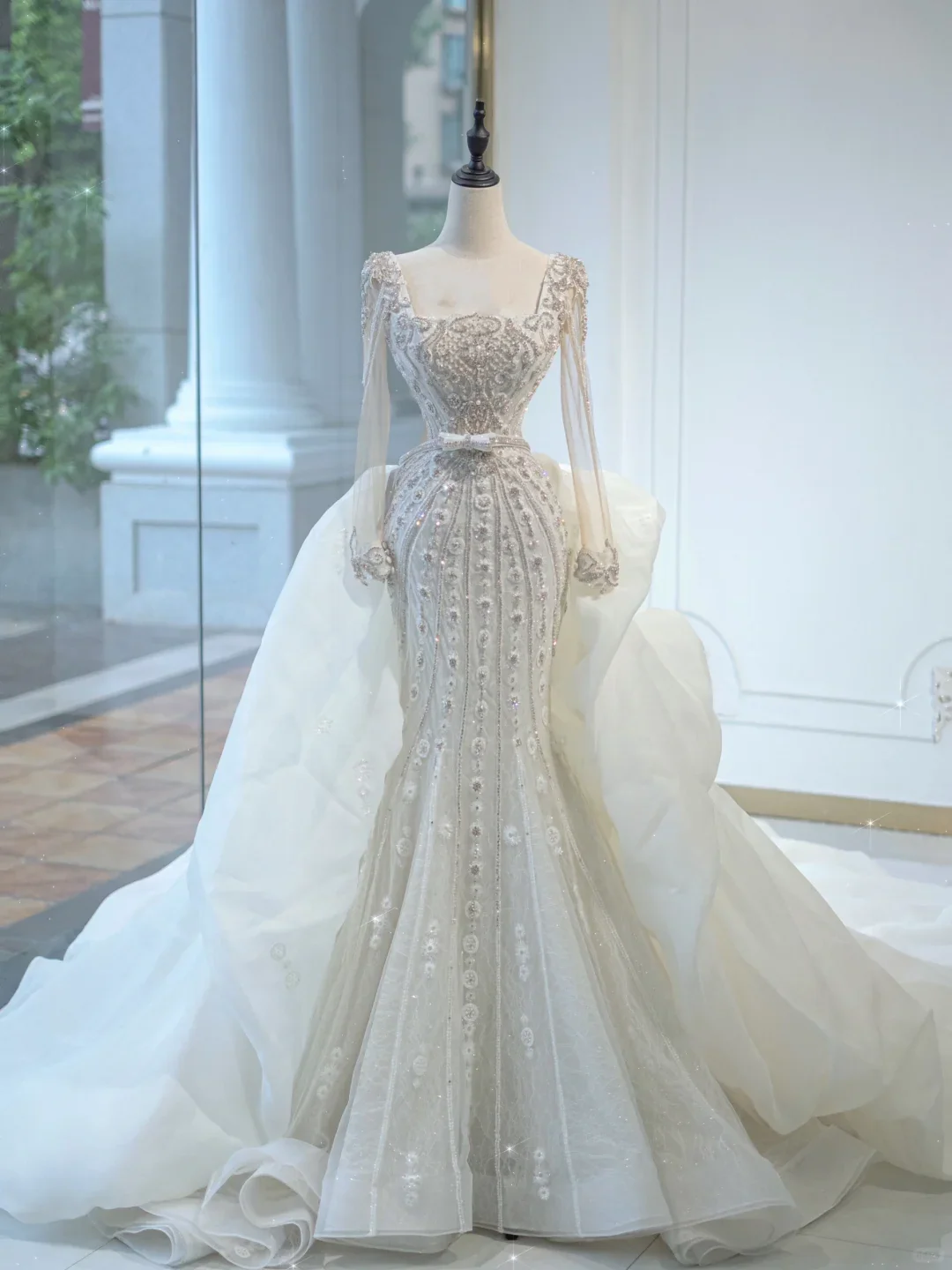 Unique Bridal Gown Mermaid Square Neck Long Sleeves White Silver Beads Wedding Dresses Modest Bridal Gowns DH730 - Deanwangkt