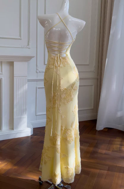 Modest Spaghetti Strap Sheath Lace Applique Long Prom Dresses, Yellow Formal Evening Dresses DP3059 - Deanwangkt