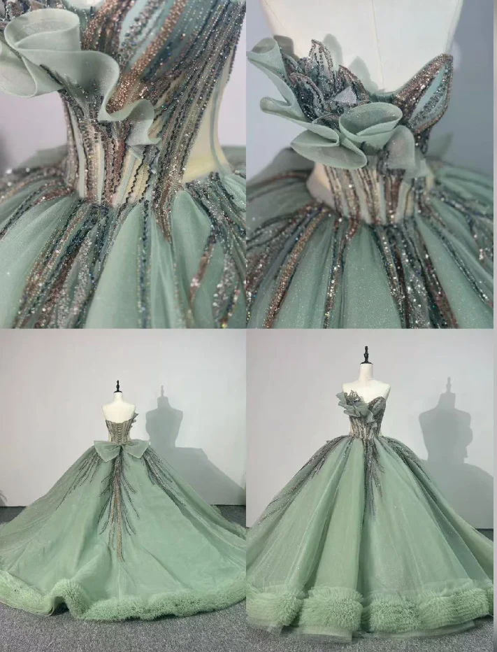 Elegant Ball Gown Sweetheart Neck Green Tulle Beaded  Long Quinceanera Dress Formal Gowns Vestido De 15 Anos Sweet 16 Dress DP2842 - Deanwangkt