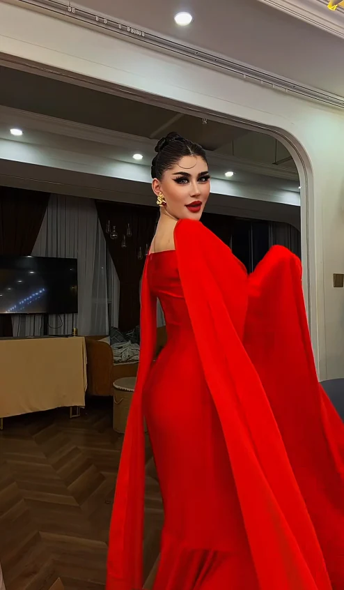 Glam Sheath Red Long Prom Dresses; Long-sleeved Chiffon Red Mother-of-the-Bridal Dress DP04028 - Deanwangkt