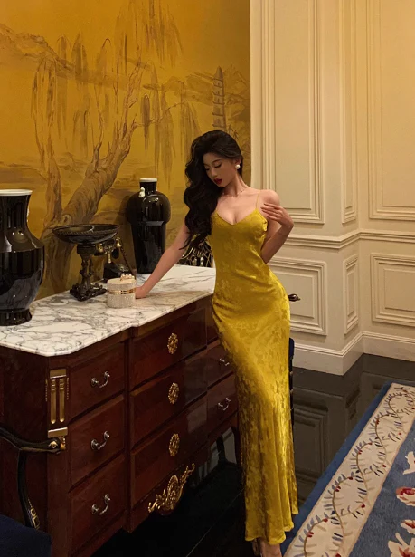 Pretty Mermaid Spaghetti Straps Yellow Satin 18th Birthday Dress Party Birthday Outfits For Womens DP0169 - Deanwangkt