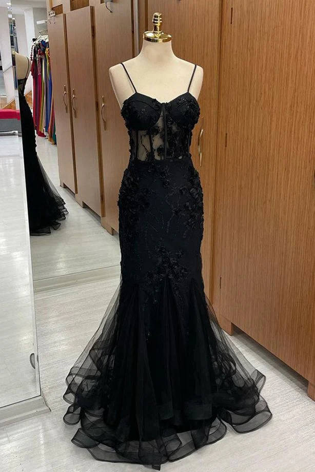 Classy Black Sweetheart Straps Mermaid Appliques Tulle Long Prom Dress DP484 - Deanwangkt