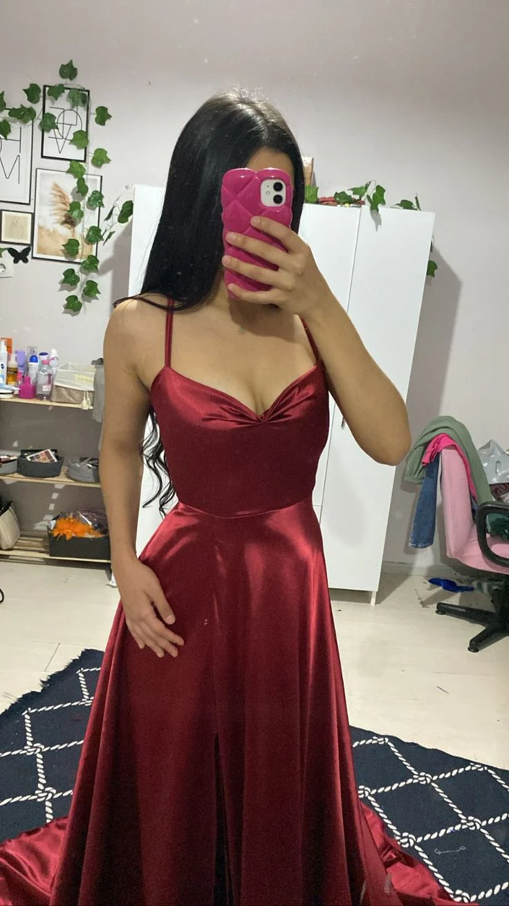 Elegant A Line Spaghetti Straps Burgundy Satin Sleeveless Long Evening Party Gowns Slit Evening Dress Special Formal Dresses Prom Dress DH227 - Deanwangkt