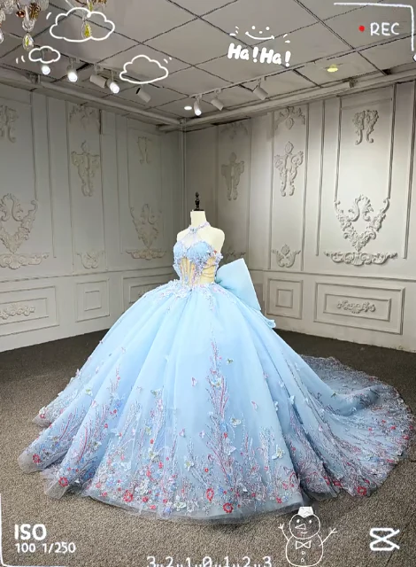 Gorgeous Halter Ball Gown Tulle Beaded Applique Long Prom Dresses, Pale Blue Quinceanera Dresses DP03043 - Deanwangkt