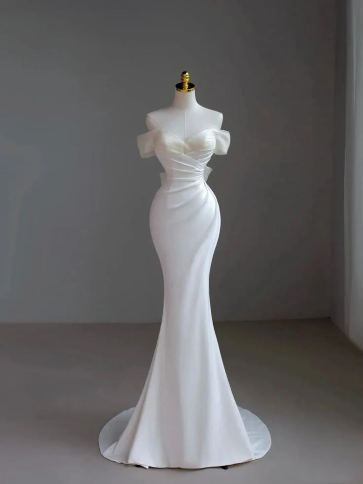 Unique Bridal Gown Mermaid Off The Shoulder Satin Short Sleeves Wedding Dresses Elegant Bridal Gowns DH930 - Deanwangkt