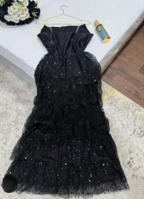Sparkly Stunning Black Sequined Sleeveless Strapless Long Prom Dress with Split DP291 - Deanwangkt