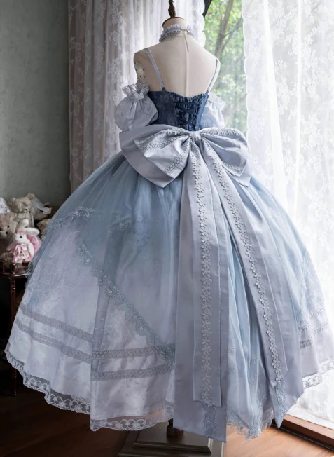 Sweet Straps Ball Gown Tulle Gray-Blue Short Birthday Dresses Cute Lace Bow Gray-Blue Lolita Dresses DP3998 - Deanwangkt
