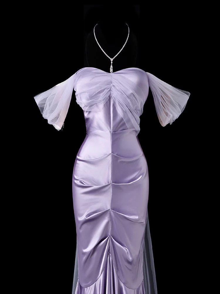 Glam Mermaid Long Prom Dresses, Satin Lavender Formal Dresses Off-the-shoulder Evening Dresses DP3218 - Deanwangkt