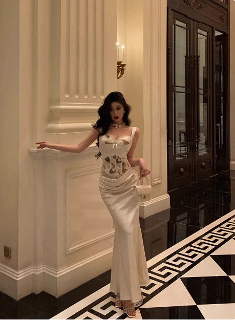 Elegant Mermaid 2 Pieces White Satin Sleeveless 21st Birthday Dresses Evening Gown Birthday Outfits Birthday Dress Ideas For Women DP1423 - Deanwangkt