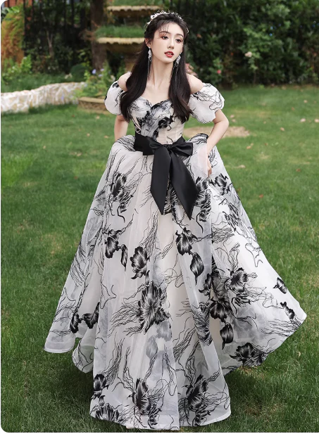 Elegant Off-the-shoulder Evening Dresses, Floral Chiffon Formal Dresses, A-Line Birthday Dresses DP2994 - Deanwangkt