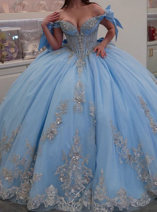Classy Off-the-Shoulder Ball Gown Tulle Applique Quinceanera Dresses Blue Sweet 16 Dress DP2966 - Deanwangkt
