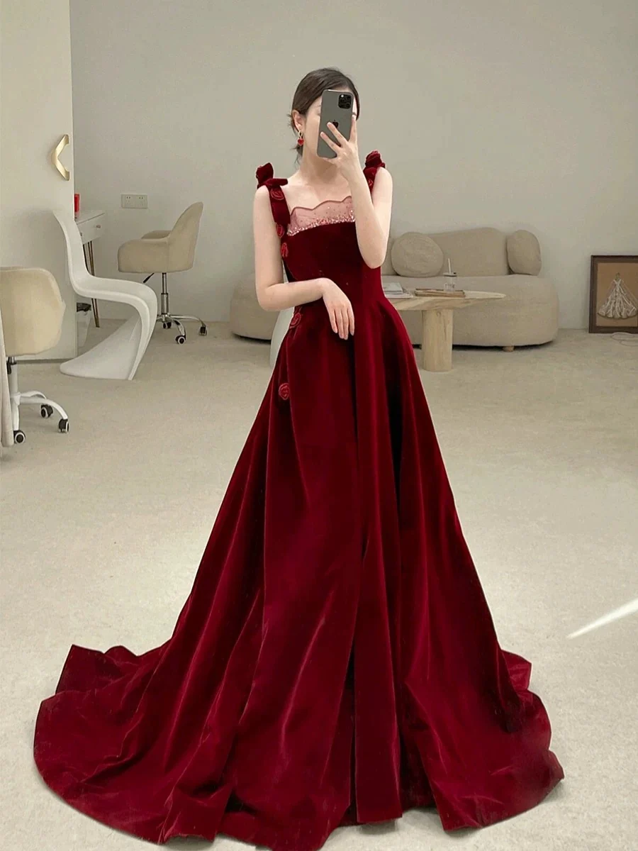 Classy Elegant A line Straps Burgundy Beading Sleeveless Velvet Prom Dresses H2883 - Deanwangkt