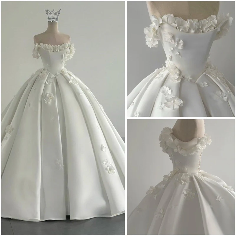 Dreamy Wedding Dress Ball Gown Off The Shoulder Satin White Wedding Dresses Bridal Gowns DH737 - Deanwangkt