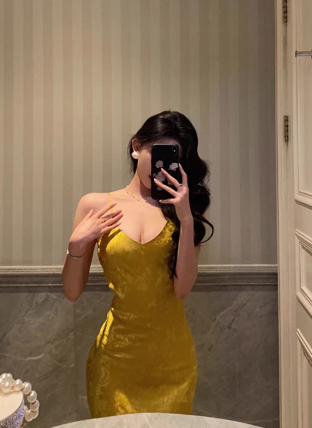 Pretty Mermaid Spaghetti Straps Yellow Satin 18th Birthday Dress Party Birthday Outfits For Womens DP0169 - Deanwangkt