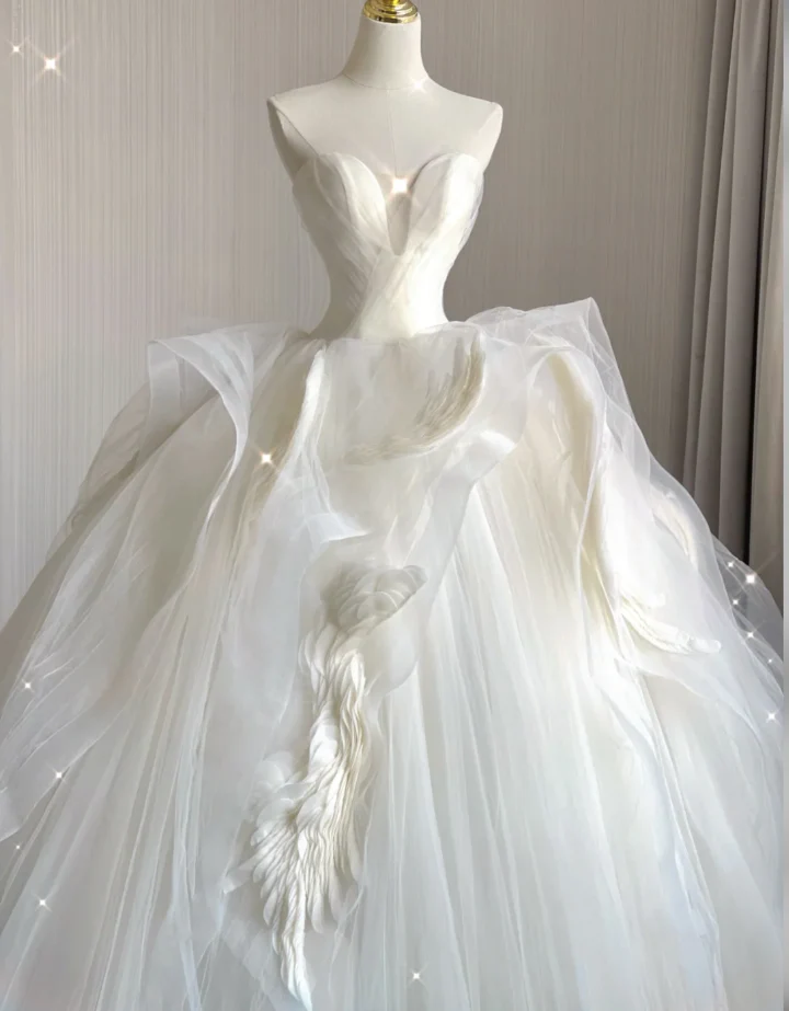 Timeless Ball Gown Strapless Long Satin White Sweep Train Wedding Dresses Brides Dress DP410 - Deanwangkt