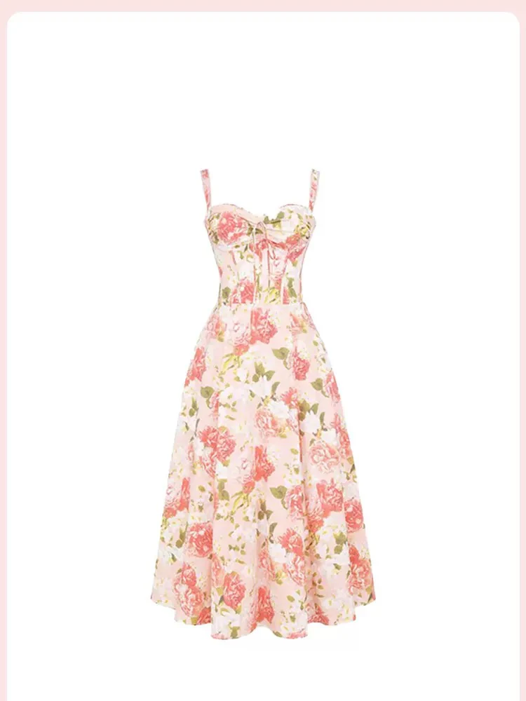 Elegant Wedding Guest Outfit Ball Gown Pink Floral Formal Night Dresses Summer Tea Length Wedding Guest Dresses DP783 - Deanwangkt