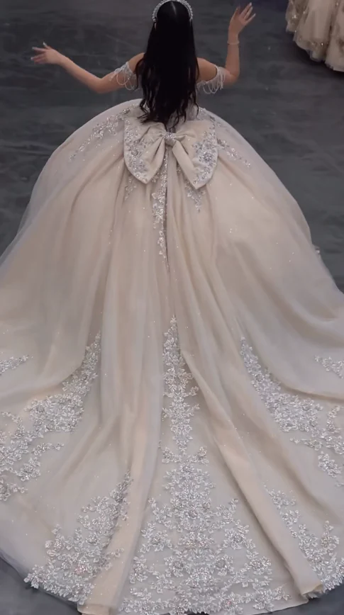 Fairy Off-the-Shoulder Ball Gown Tiered Gauze Appliqué Long Quinceanera Dress Formal Gowns Sweet 16 Dress DP2884 - Deanwangkt