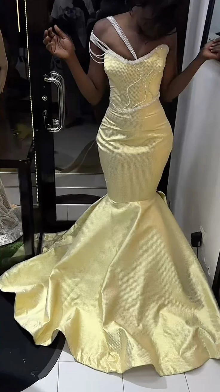 Elegant Yellow Mermaid Long Prom Dresses Yellow Birthday Dresses Satin Sleeveless Evening Dresses DP3919 - Deanwangkt