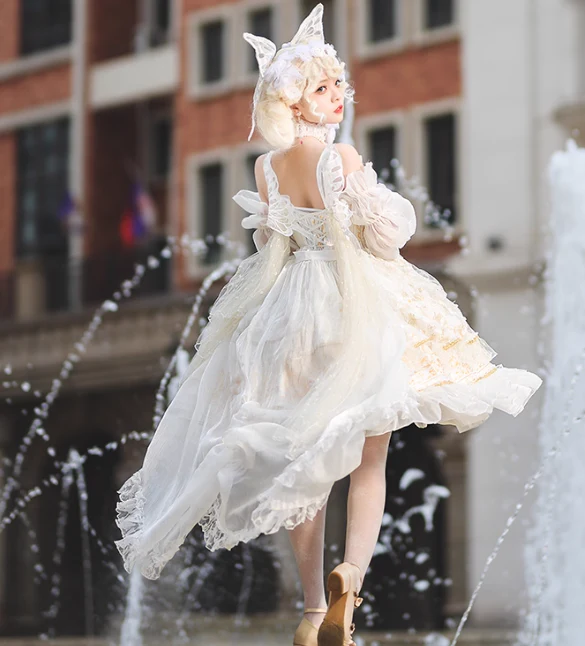 Cute Spaghetti Strap Ball Gown Chiffon Birthday Dress Sweet White Lolita Dresses DP3796 - Deanwangkt