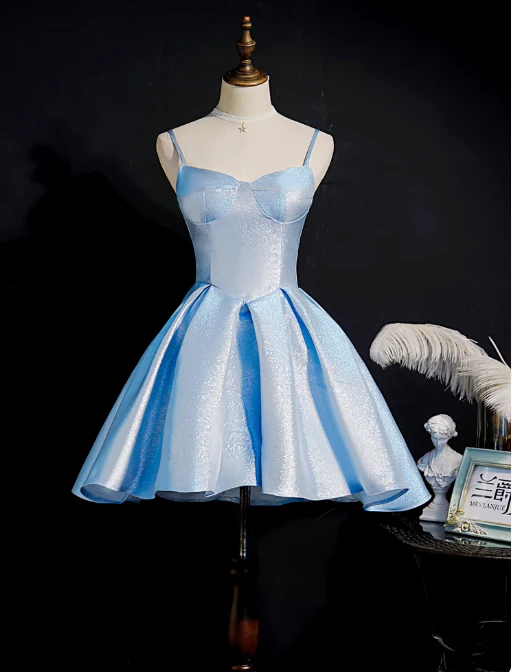 Simple A line Spaghetti Straps Blue Satin Formal 8th Grade Homecoming Dresses Middle School Short Birthday Gowns Graduation Dress Hoco Outfits DH1997 - Deanwangkt